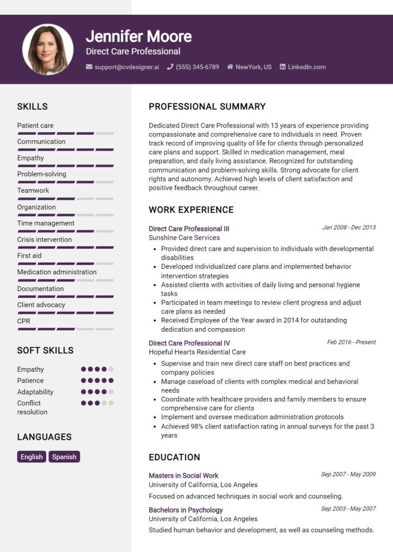 Direct Care Professional Resume Example for 2025: Top CV Skills