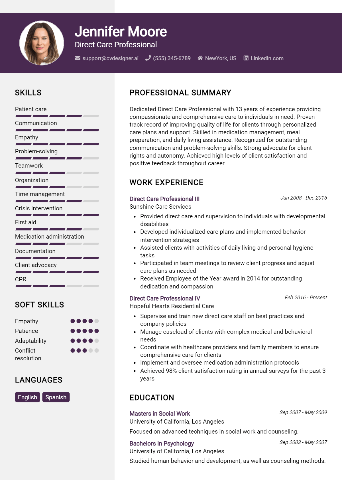 Direct Care Professional Resume Example