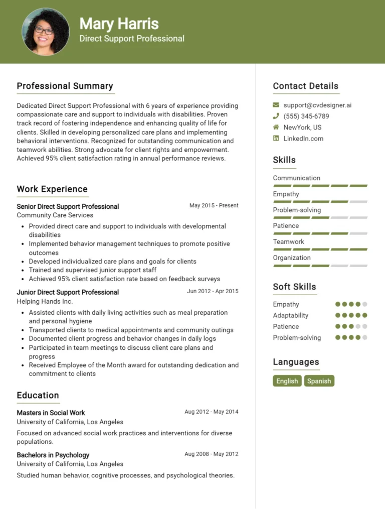 Direct Support Professional CV Example For 2025: Proven Tips & Templates