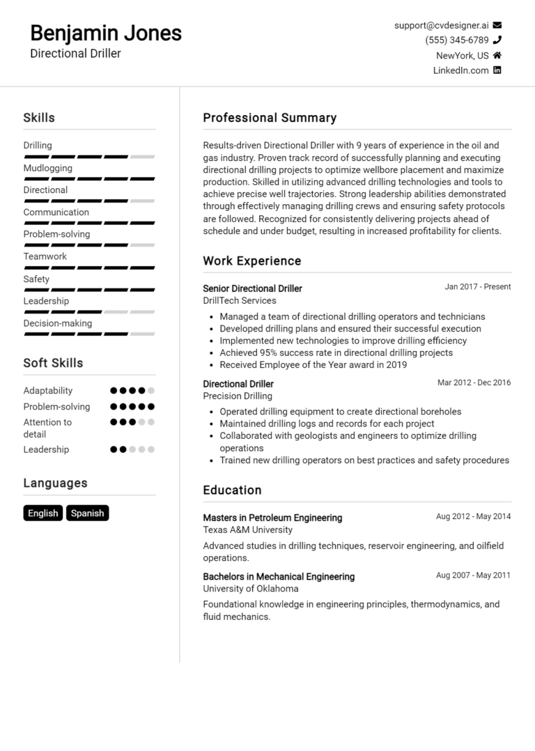 Directional Driller Resume Example for 2025: Tips to Stand Out