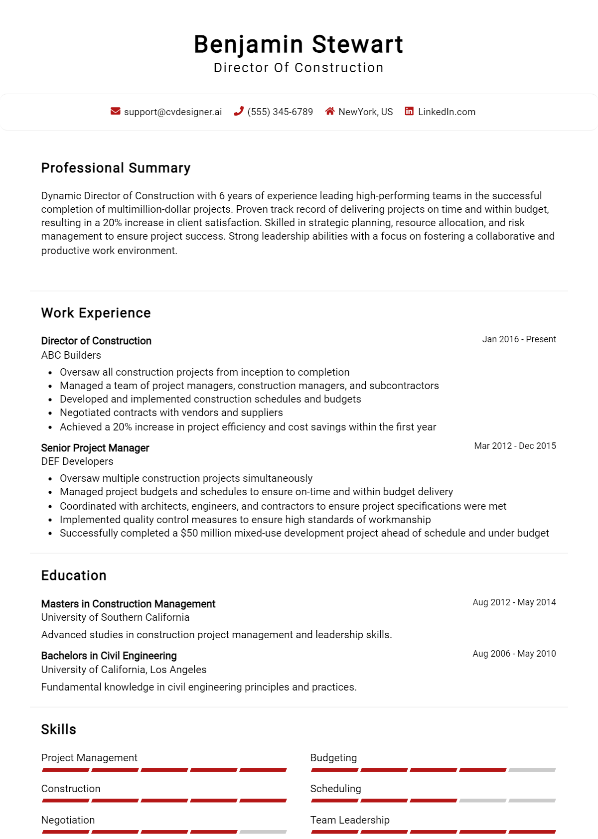 Director Of Construction Resume Example