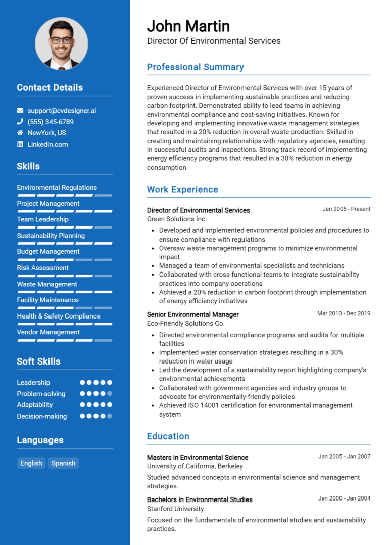 Director Of Environmental Services Resume Example for 2025: Free Downloadable Templates