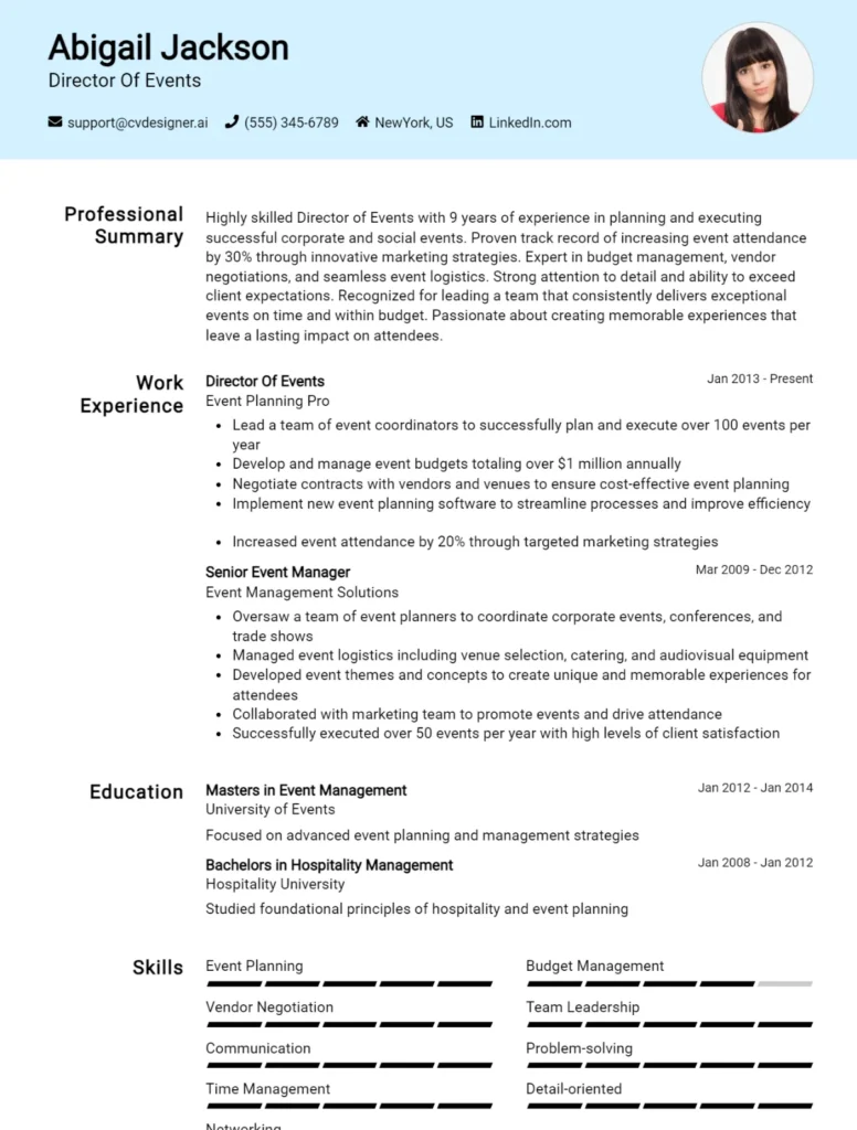 Director Of Events CV Example