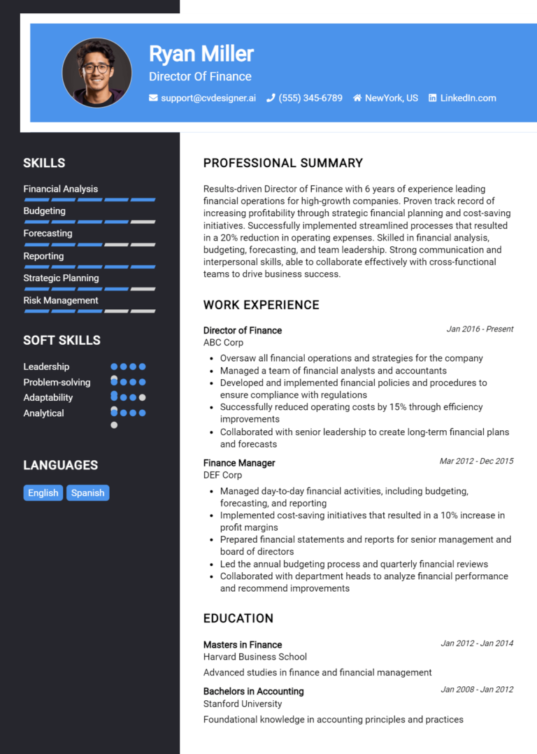 Director Of Finance Resume Example for 2025: Tips & Templates