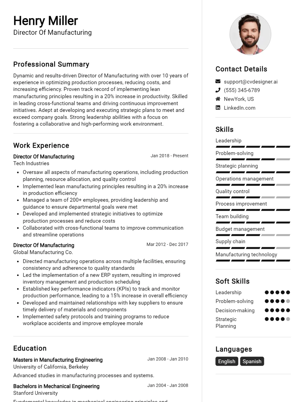 Director Of Manufacturing CV Example