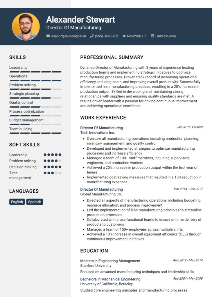 Director Of Manufacturing Resume Example for 2024: Free Professional ...