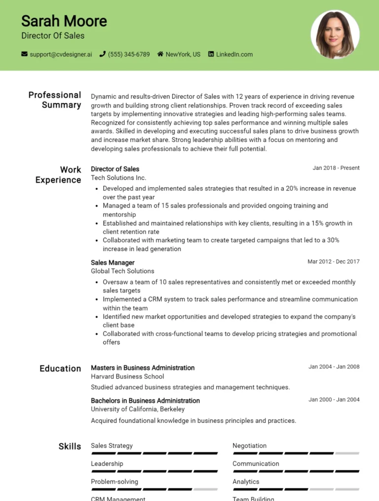 Director Of Sales CV Example For 2025: Free Professional Templates