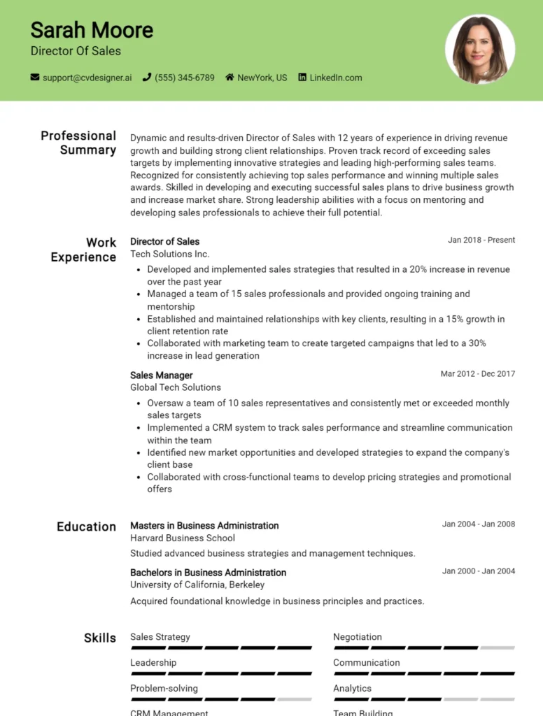 Director Of Sales CV Example