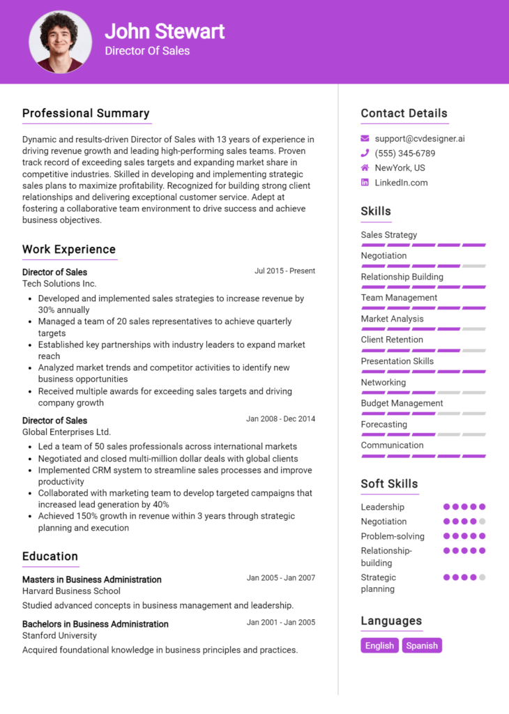 Director Of Sales Resume Example