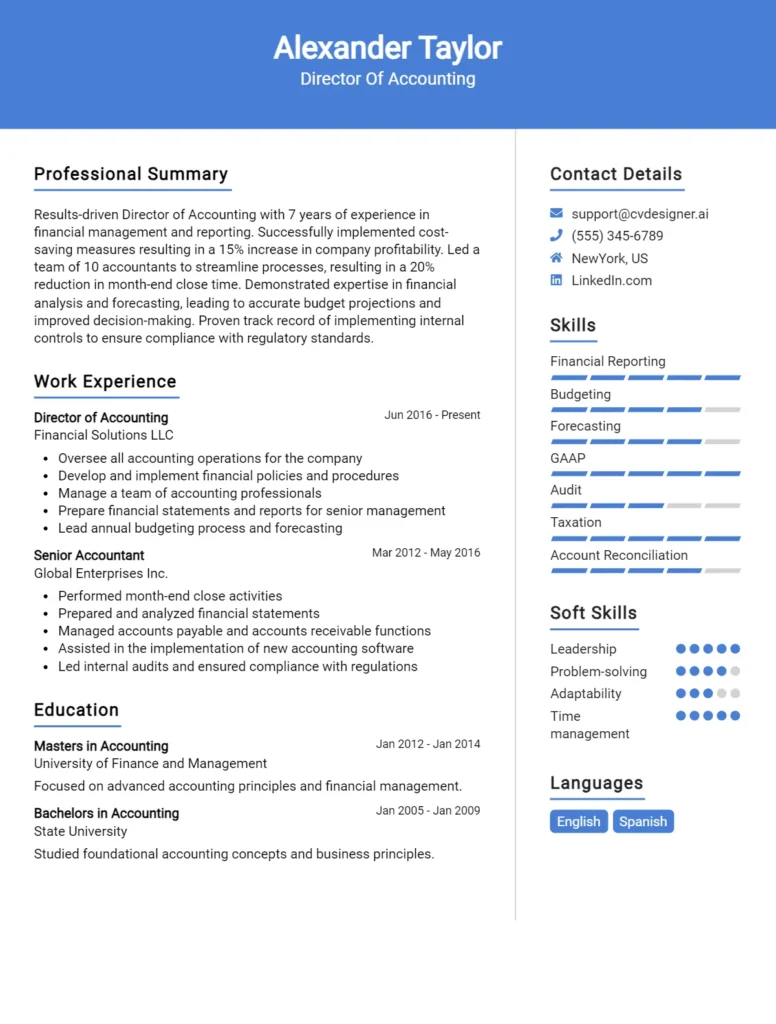 Director Of Accounting CV Example