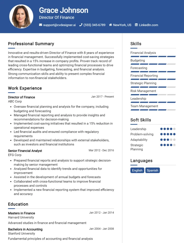 Director Of Finance CV Example For 2025: Best Writing Guide