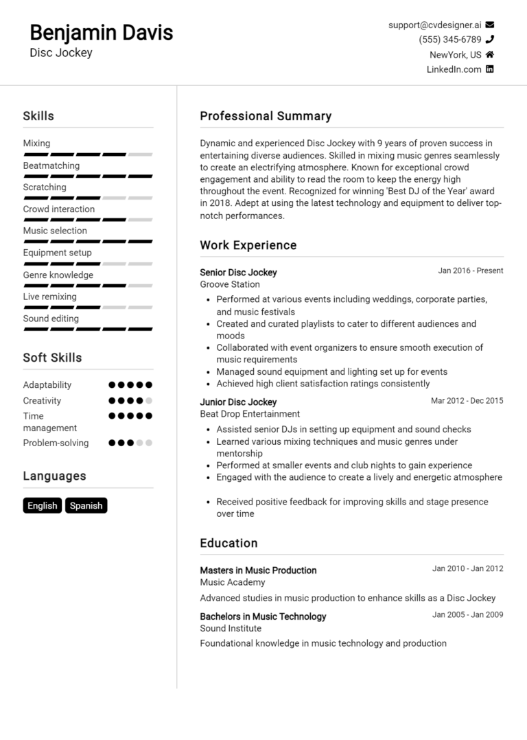 Disc Jockey Resume Example for 2025: Expert Tips
