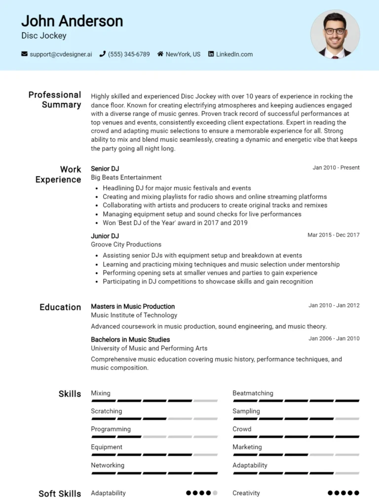 Disc Jockey CV Example For 2025: Samples & Best Practices