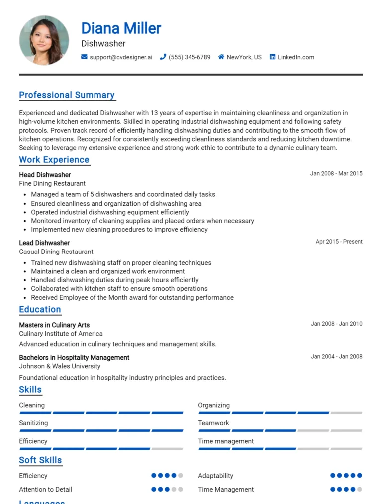 Dishwasher CV Example For 2025: Examples & Free Templates