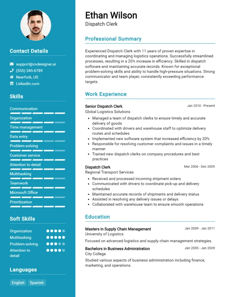 Dispatch Clerk CV Example For 2025: Free Downloadable Templates