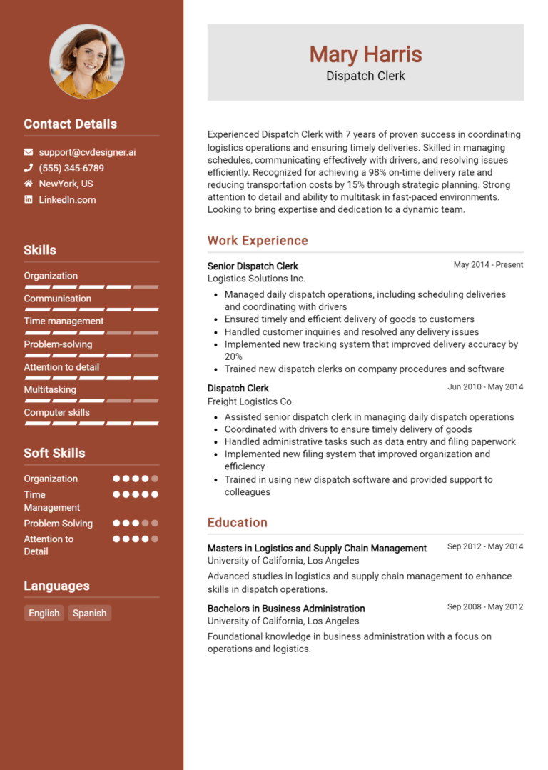 Dispatch Clerk Resume Example for 2025: How to Create a Professional CV