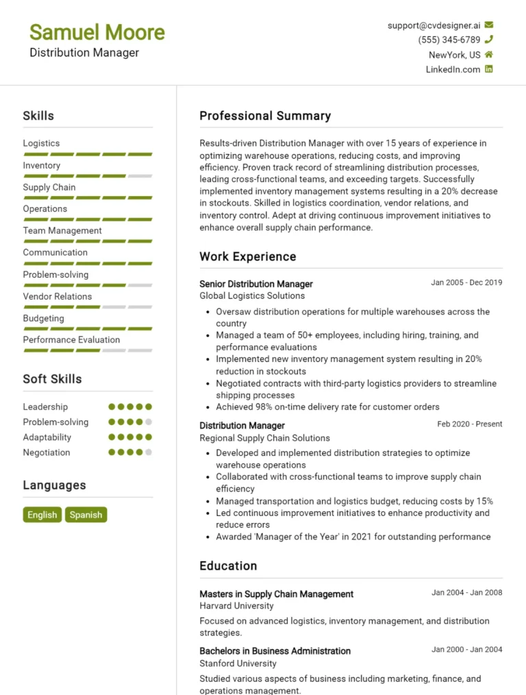 Distribution manager CV Example For 2025: Proven Tips & Templates