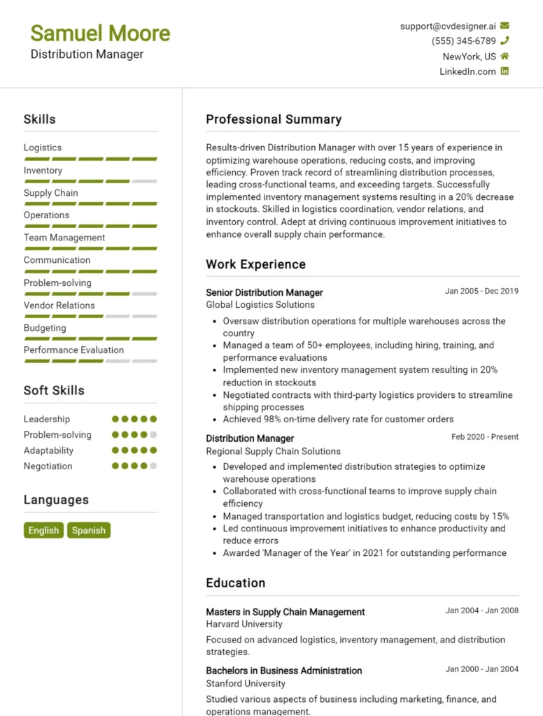 Distribution Manager CV Example