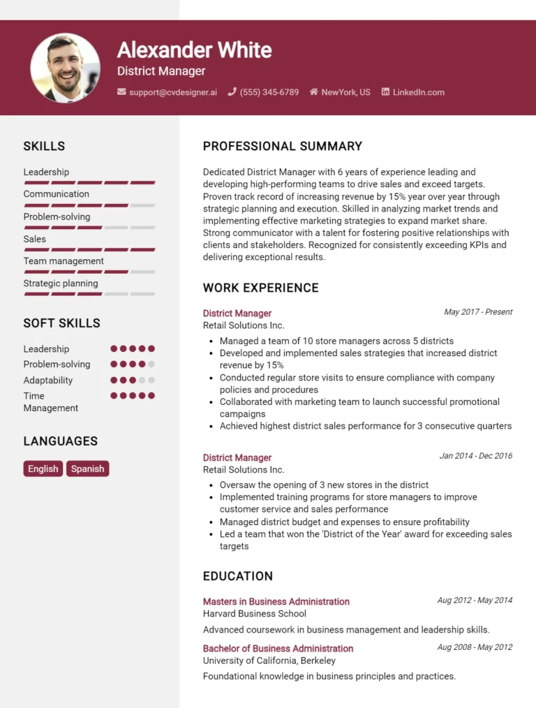 District Manager CV Example For 2025: Ultimate Guide