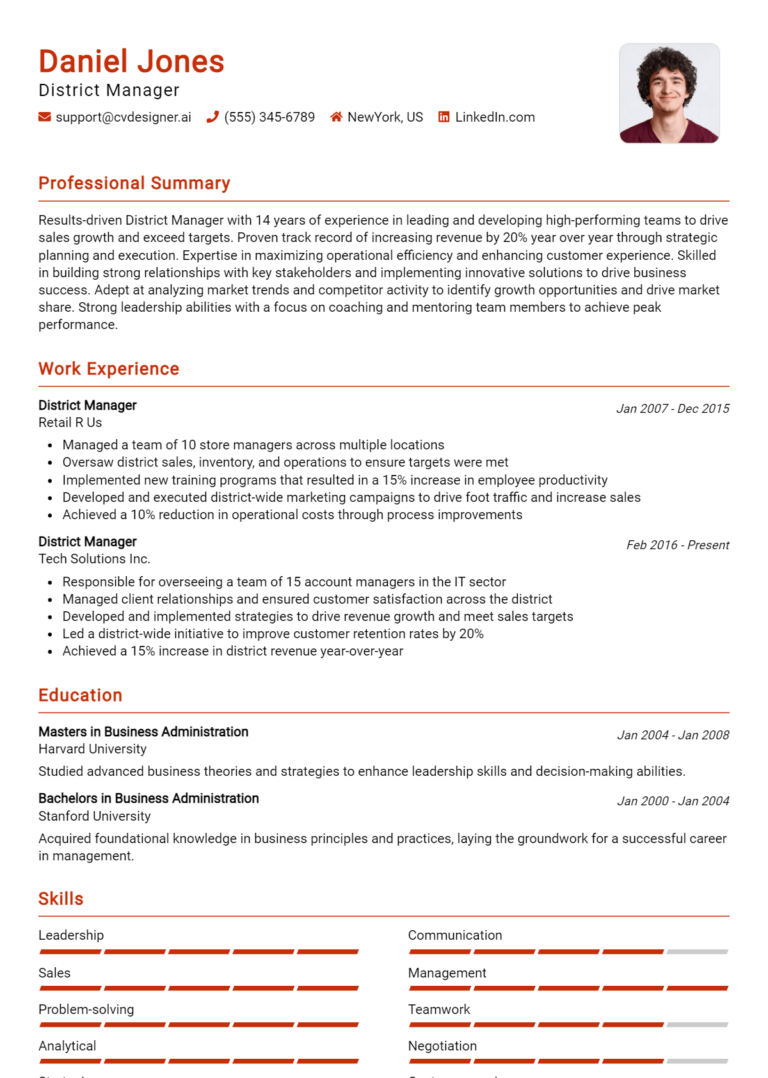 District Manager Resume Example for 2025: Top Templates
