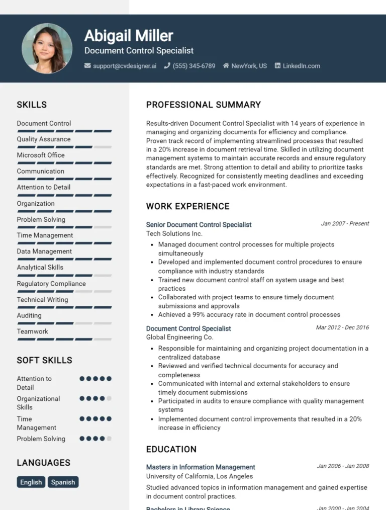 Document Control Specialist CV Example For 2025: Free Professional Templates