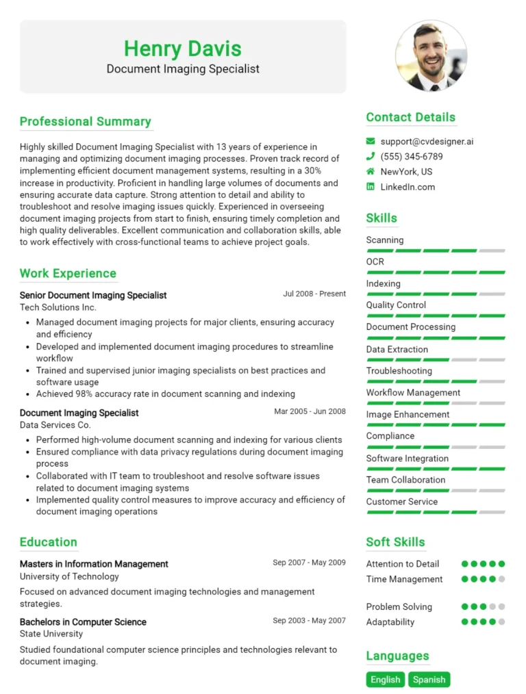 Document Imaging Specialist CV Example For 2025: Free Downloadable Templates