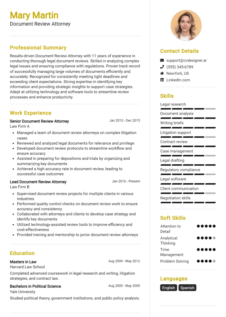 Document Review Attorney Resume Example for 2025: Best Tips & Templates