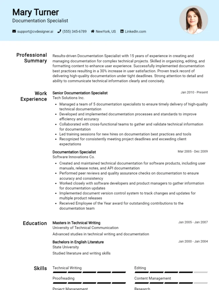 Documentation Specialist CV Example For 2025: How to Create a Professional CV