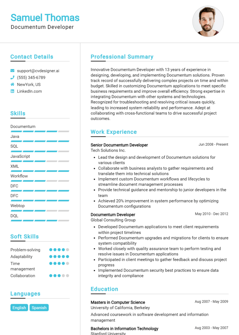 Documentum Developer Resume Example for 2025: Top CV Skills