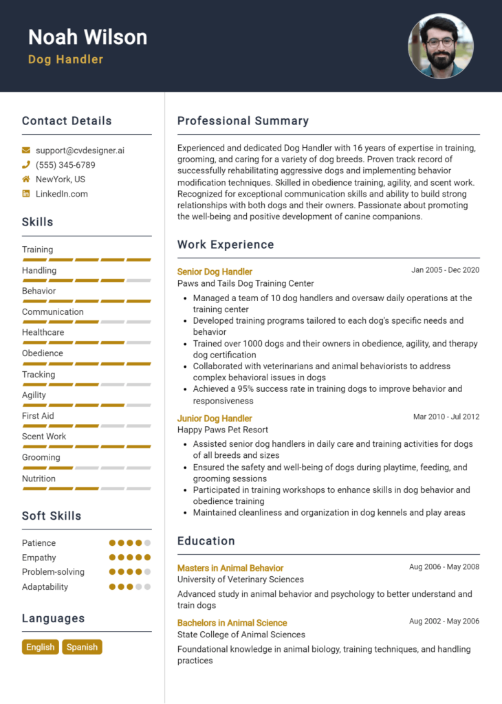 Dog Handler Resume Example for 2024: Downloadable Templates - CVDesigner.ai