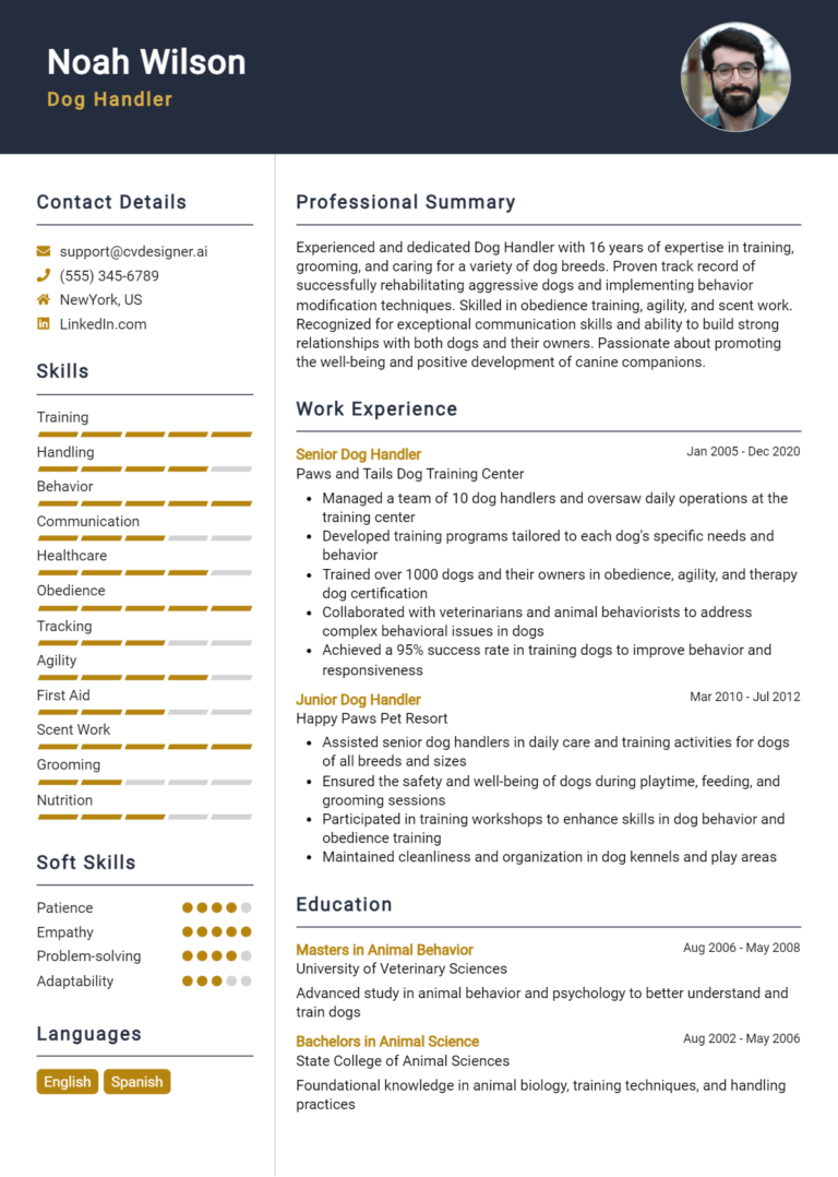 Dog Handler Resume Example for 2025: Downloadable Templates