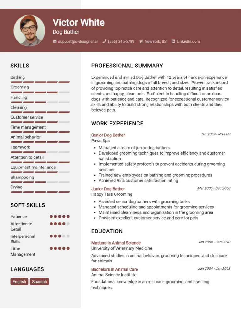 Dog Bather CV Example For 2025: Top CV Skills
