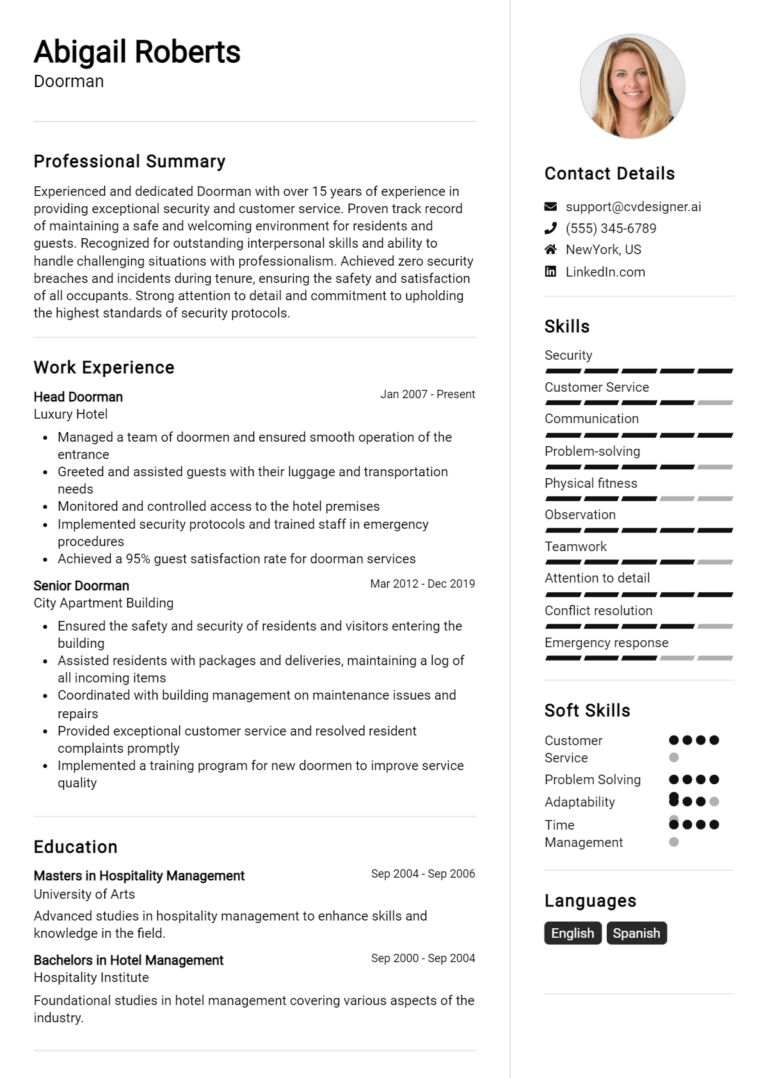 Doorman Resume Example for 2025: How to Craft a Winning CV
