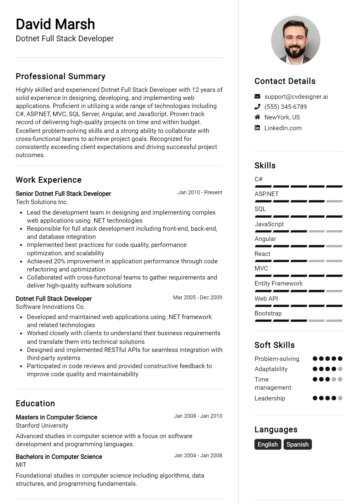 Dotnet Full Stack Developer Resume Example