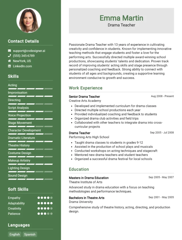 Drama Teacher CV Example