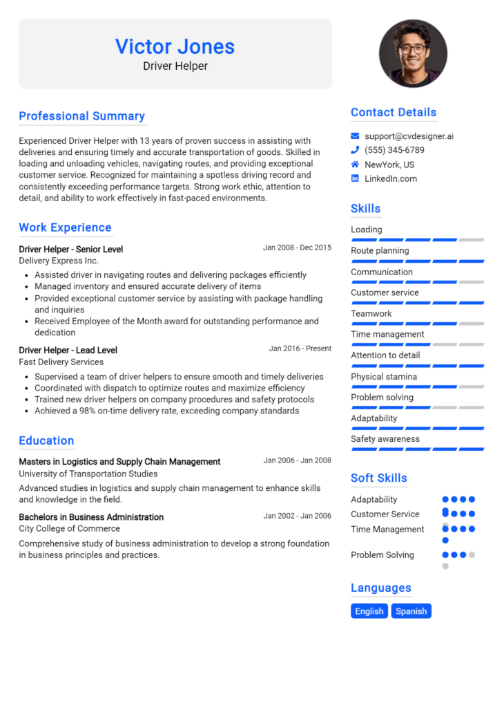 Driver Helper Resume Example