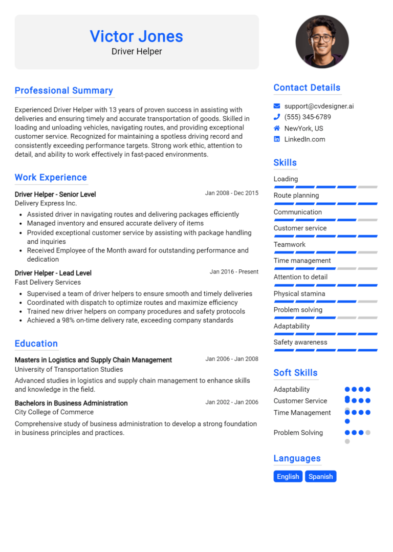 18 Driver Helper Resume Examples for 2025: Best Formatting Tips