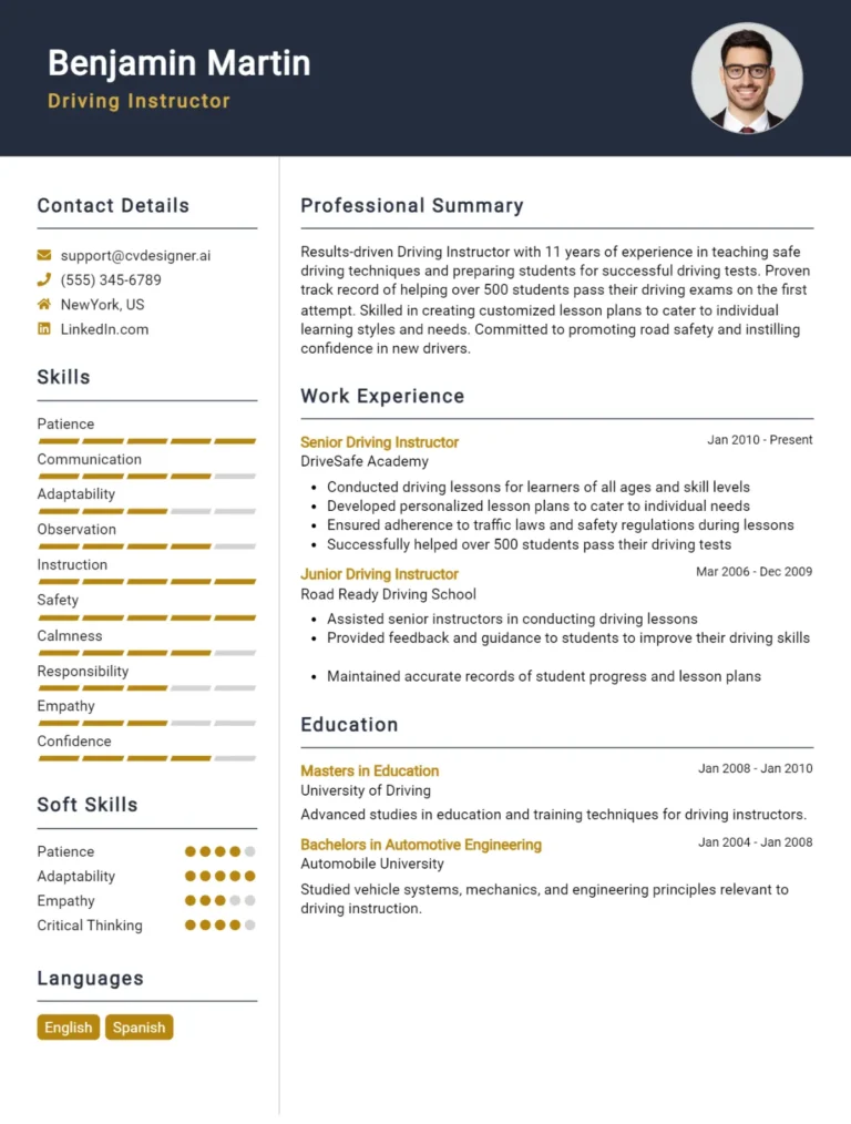 Driving Instructor CV Example For 2025: Tips & Templates