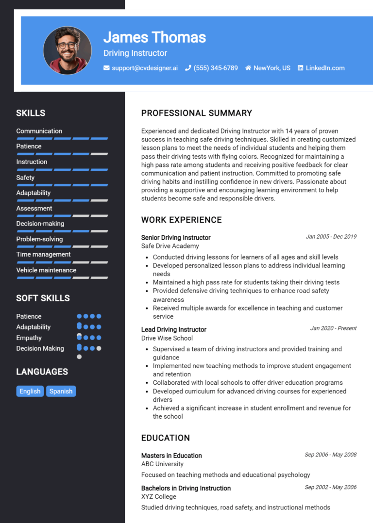 Driving Instructor Resume Example for 2025: Expert Tips & Templates