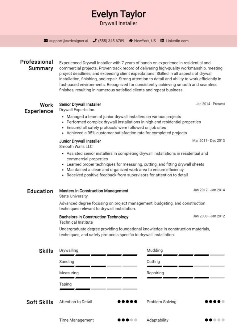 Drywall Installer Resume Example for 2025: Best Writing Guide