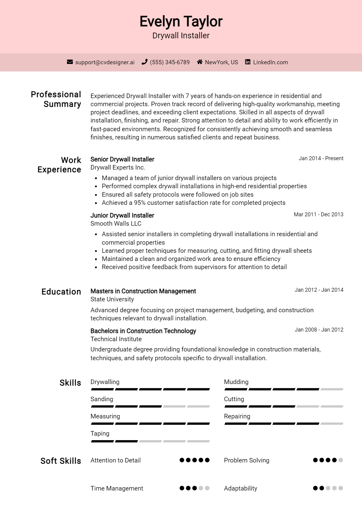 Drywall Installer Resume Example for 2024: Best Writing Guide ...