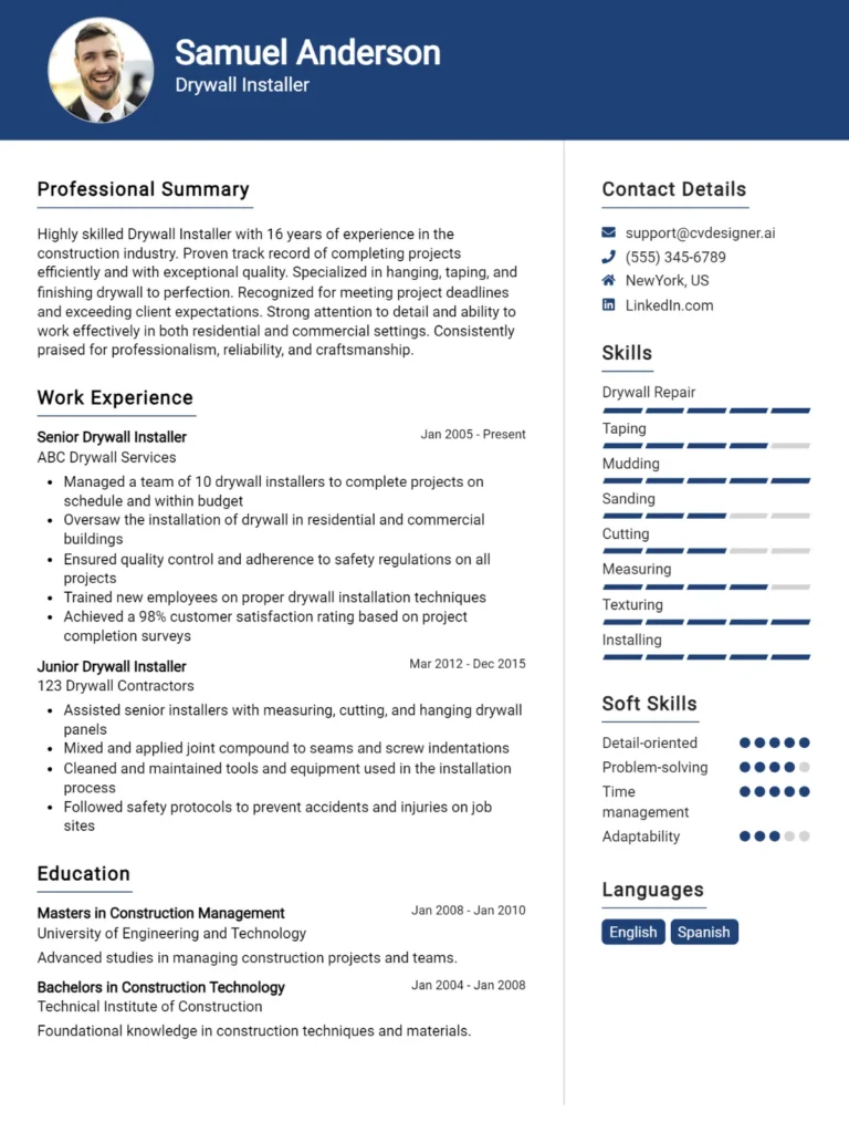 Drywall Installer CV Example For 2025: Best Writing Guide