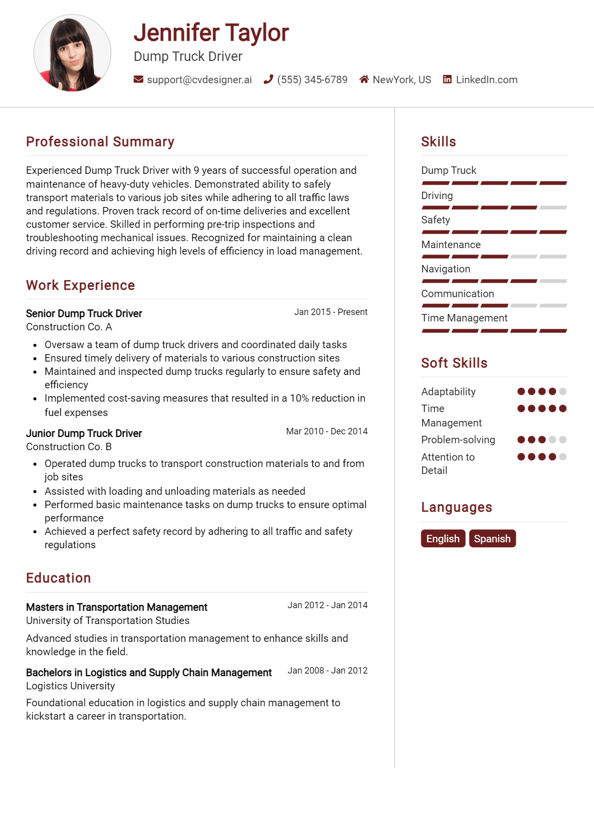 Dump Truck Driver Resume Example