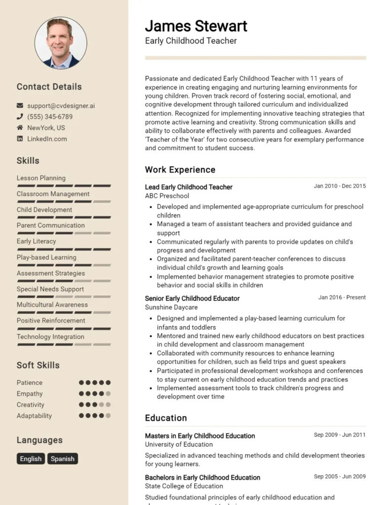 Early Childhood Teacher CV Example