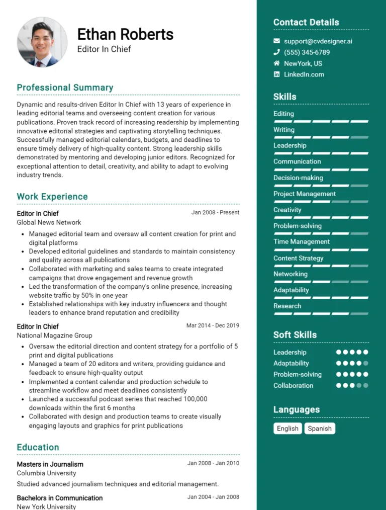 Editor In Chief CV Example For 2025: Professional CV Templates