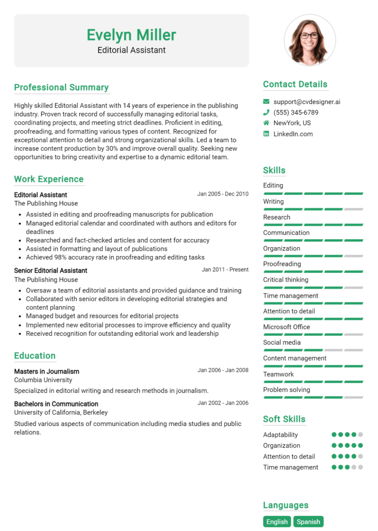 Editorial Assistant Resume Example for 2025: Free Professional Templates