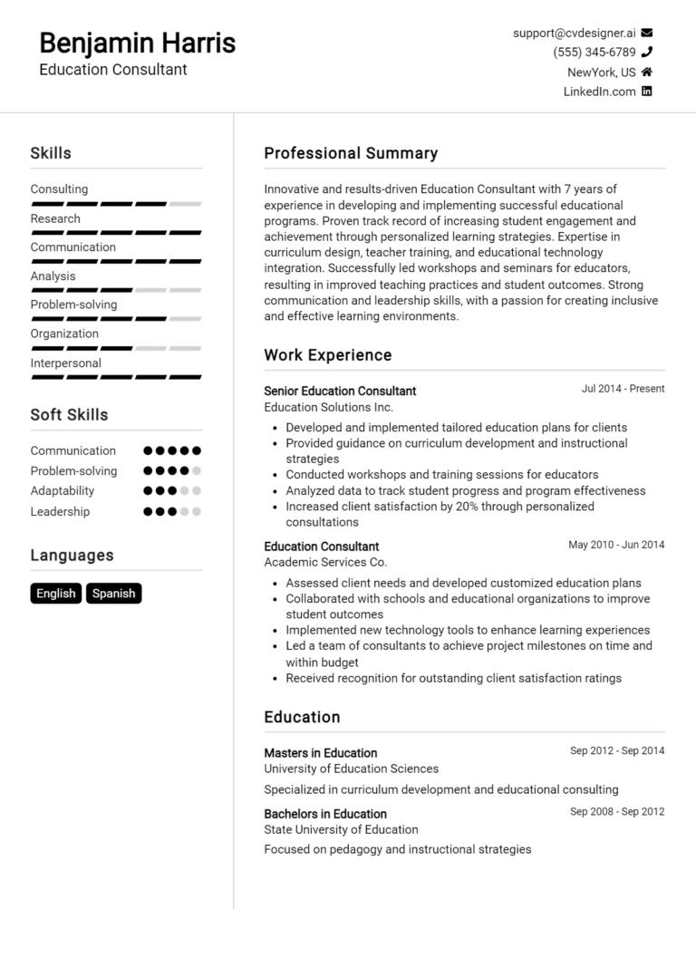 Education Consultant Resume Example for 2025: Tips to Stand Out