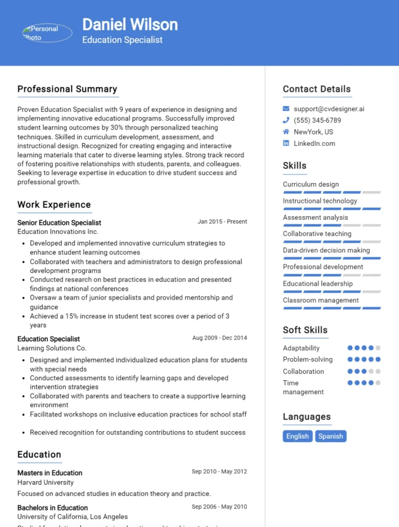 Education Specialist CV Example