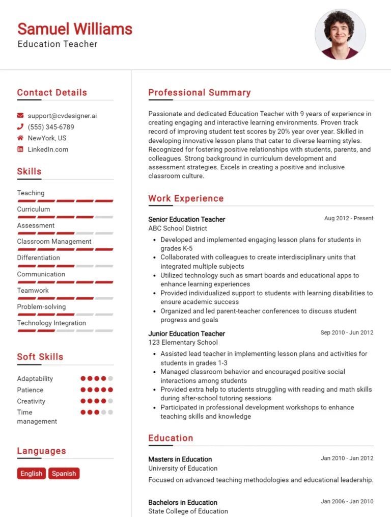 Education Teacher CV Example For 2025: Examples & Free Templates