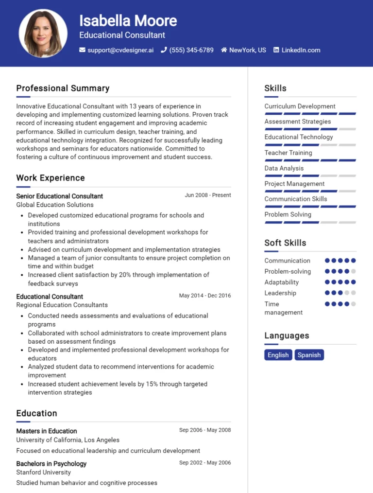 14 Educational Consultant CV Examples And Templates For 2025